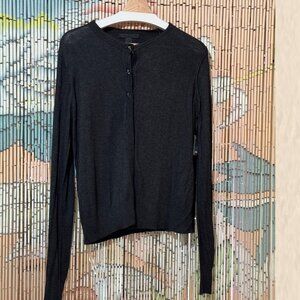 Pamela Dennis Semi-Fitted Cardigan Knit Sweater with Skull Buttons, Charcoal, L